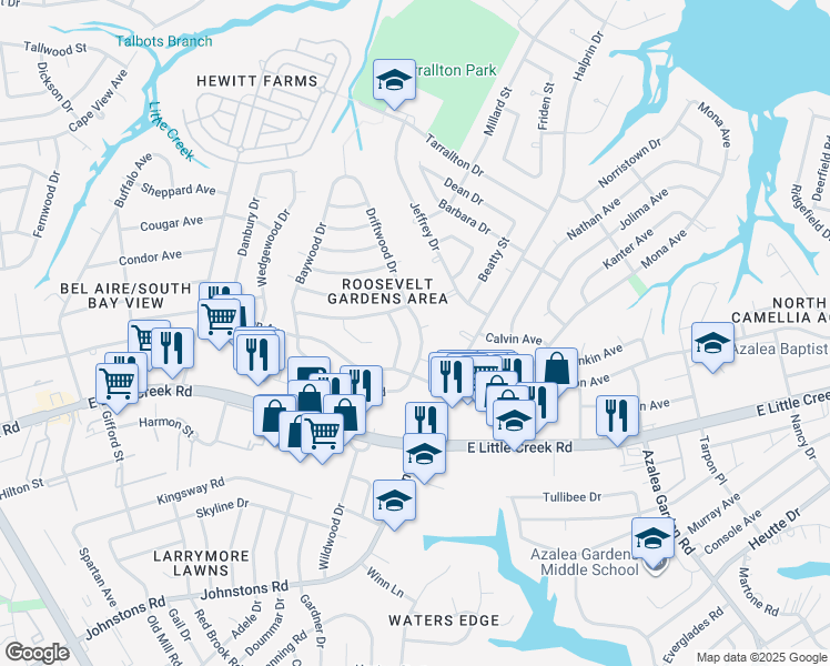 map of restaurants, bars, coffee shops, grocery stores, and more near 8016 Bowwood Lane in Norfolk