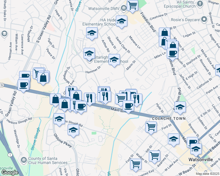 map of restaurants, bars, coffee shops, grocery stores, and more near 225 Pacifica Boulevard in Watsonville