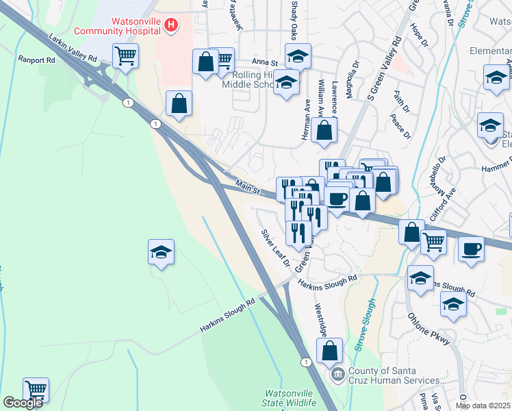map of restaurants, bars, coffee shops, grocery stores, and more near 248 Green Meadow Drive in Watsonville