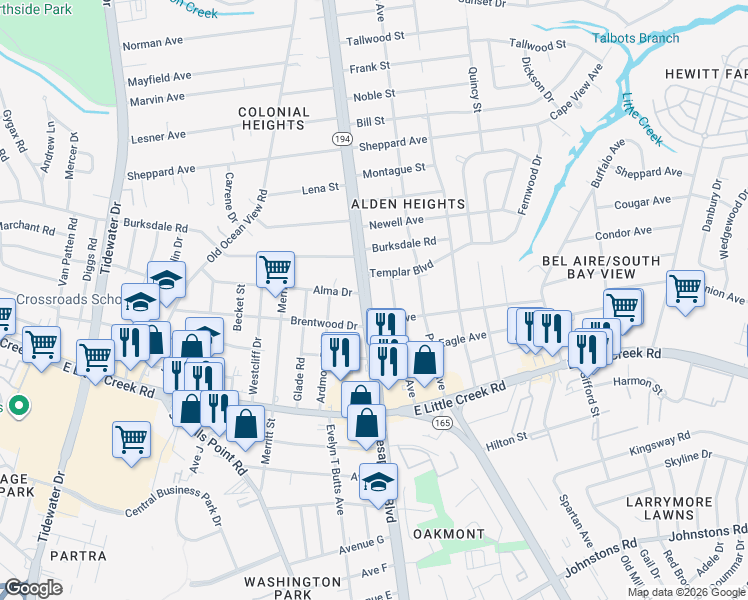 map of restaurants, bars, coffee shops, grocery stores, and more near 8054 Chesapeake Boulevard in Norfolk