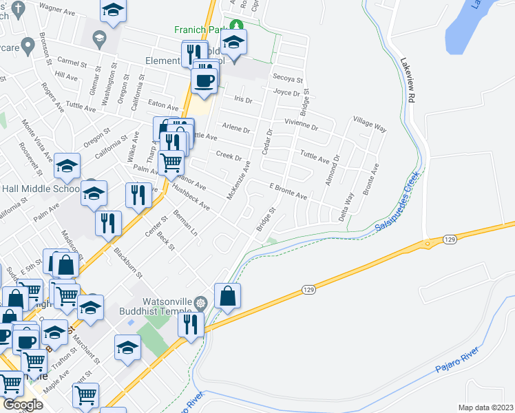 map of restaurants, bars, coffee shops, grocery stores, and more near 622 Ester Way in Watsonville