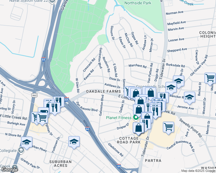 map of restaurants, bars, coffee shops, grocery stores, and more near 405 Ashlawn Drive in Norfolk