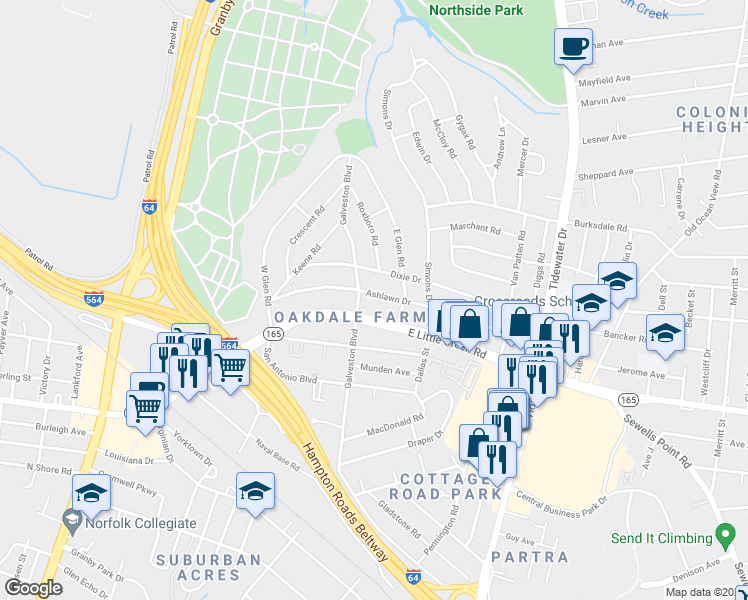 map of restaurants, bars, coffee shops, grocery stores, and more near 405 Ashlawn Drive in Norfolk