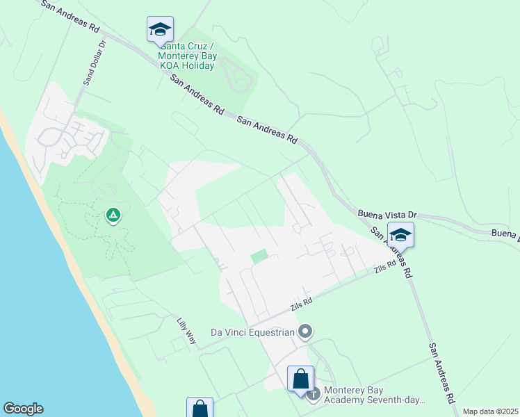 map of restaurants, bars, coffee shops, grocery stores, and more near 69 Crest Drive in La Selva Beach