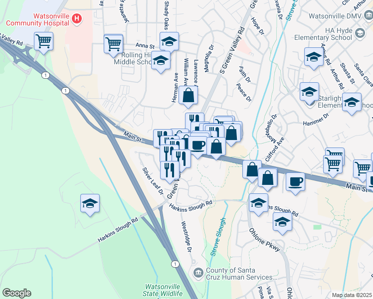 map of restaurants, bars, coffee shops, grocery stores, and more near Main St & S Green Valley Rd in Watsonville
