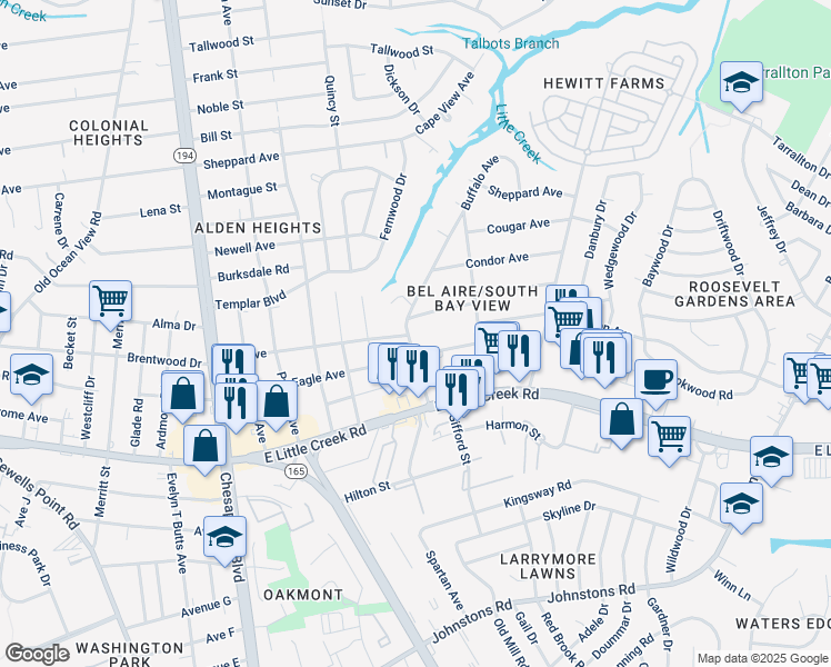 map of restaurants, bars, coffee shops, grocery stores, and more near 8001 Buffalo Avenue in Norfolk