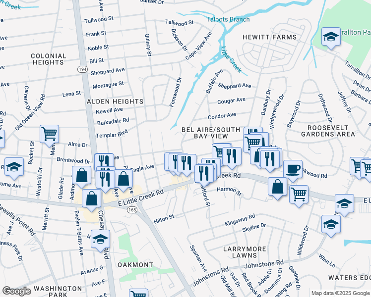map of restaurants, bars, coffee shops, grocery stores, and more near 9501 24th Bay Street in Norfolk