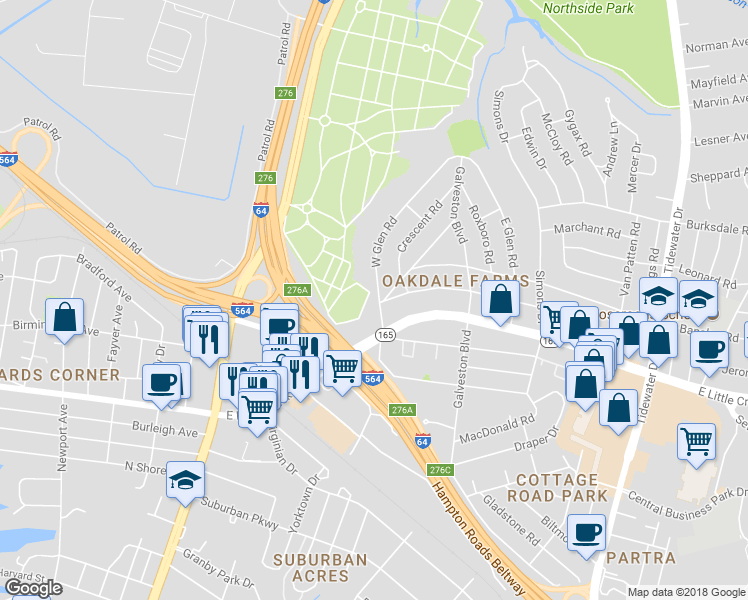 map of restaurants, bars, coffee shops, grocery stores, and more near 7913 West Glen Road in Norfolk