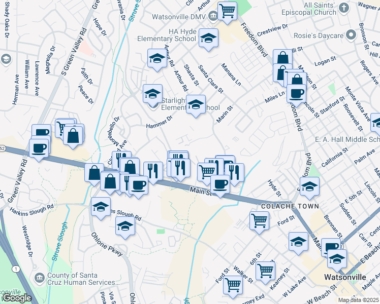 map of restaurants, bars, coffee shops, grocery stores, and more near 124 Seneca Court in Watsonville