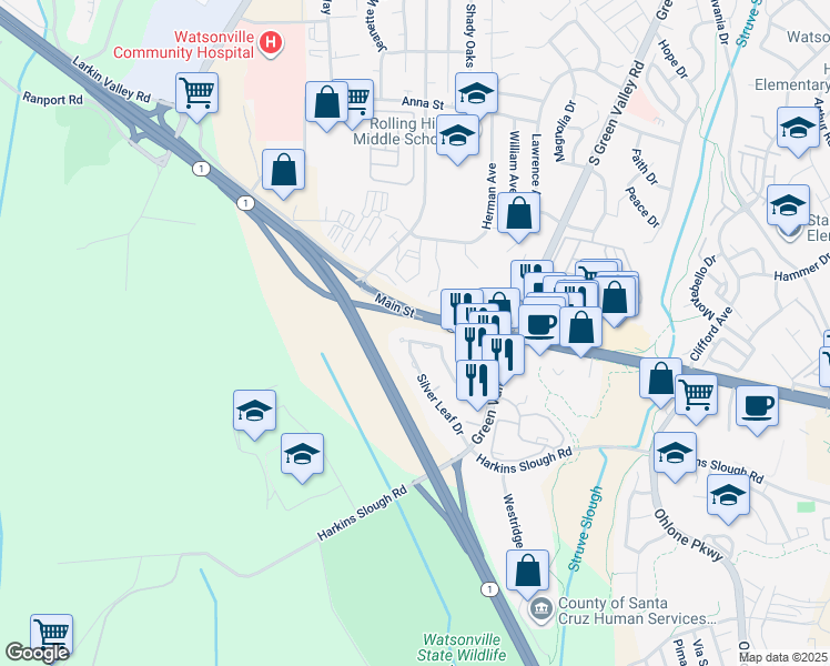 map of restaurants, bars, coffee shops, grocery stores, and more near 237 Silver Leaf Drive in Watsonville