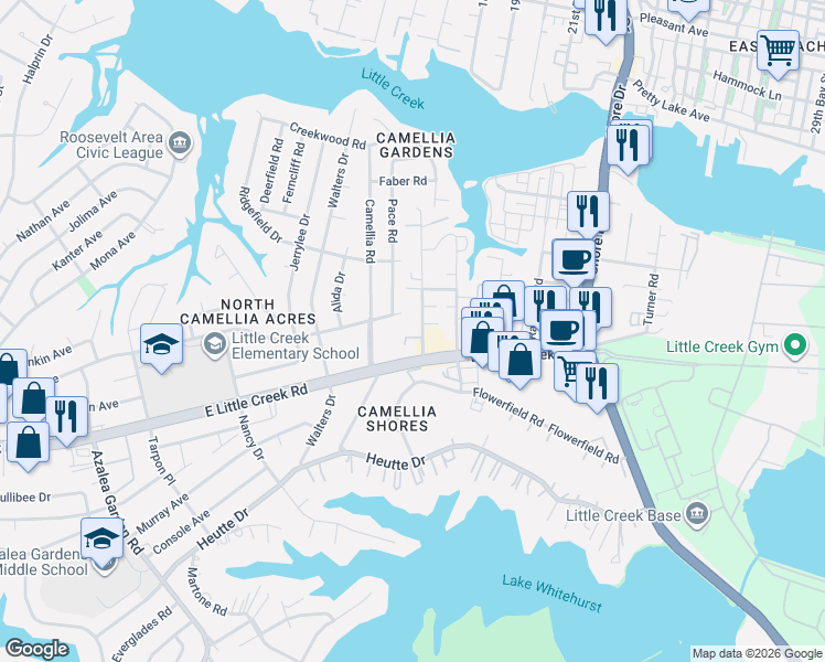 map of restaurants, bars, coffee shops, grocery stores, and more near 3520 Virginia 170 in Norfolk