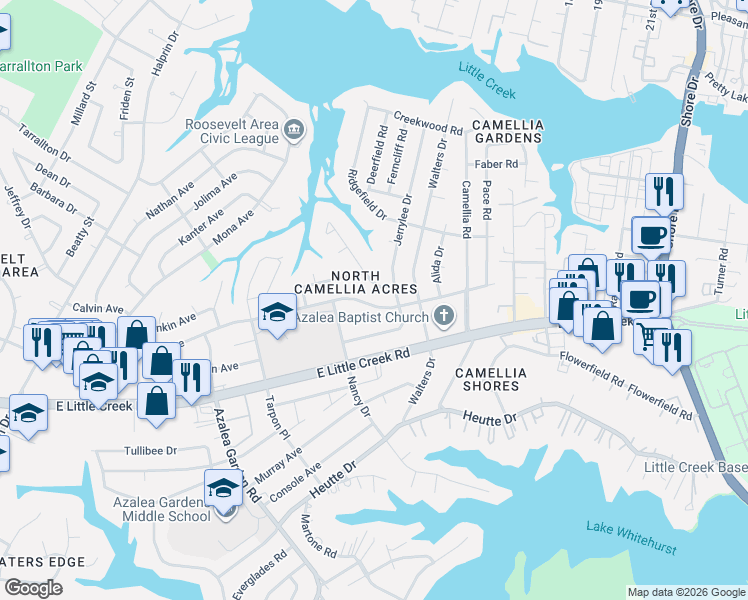 map of restaurants, bars, coffee shops, grocery stores, and more near 2928 East Malden Avenue in Norfolk