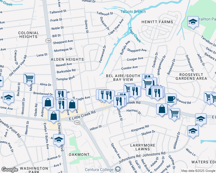 map of restaurants, bars, coffee shops, grocery stores, and more near 8001 Buffalo Avenue in Norfolk