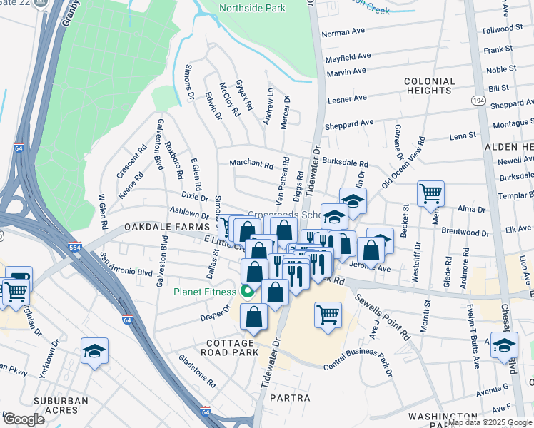 map of restaurants, bars, coffee shops, grocery stores, and more near 560 Ashlawn Drive in Norfolk