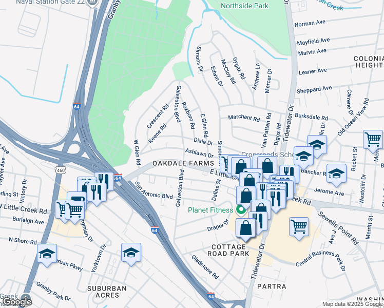 map of restaurants, bars, coffee shops, grocery stores, and more near in Norfolk