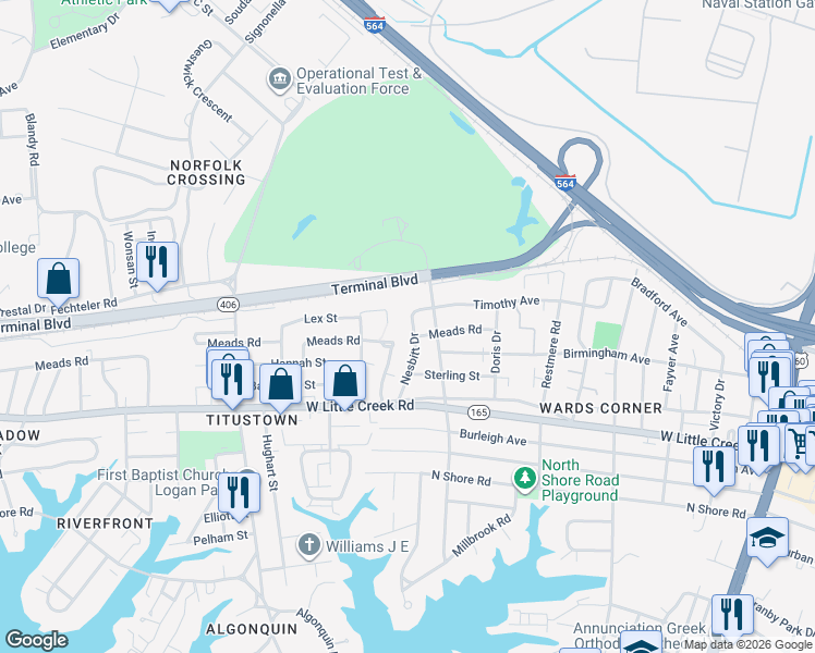 map of restaurants, bars, coffee shops, grocery stores, and more near 7722 Nesbitt Drive in Norfolk