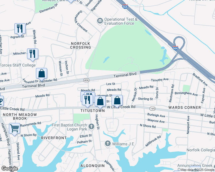 map of restaurants, bars, coffee shops, grocery stores, and more near 7755 Tucker Avenue in Norfolk