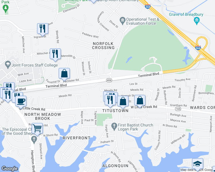 map of restaurants, bars, coffee shops, grocery stores, and more near 1106 Matthew Henson Street in Norfolk