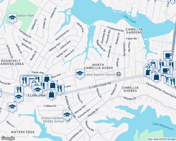 map of restaurants, bars, coffee shops, grocery stores, and more near 2800 Dominion Avenue in Norfolk