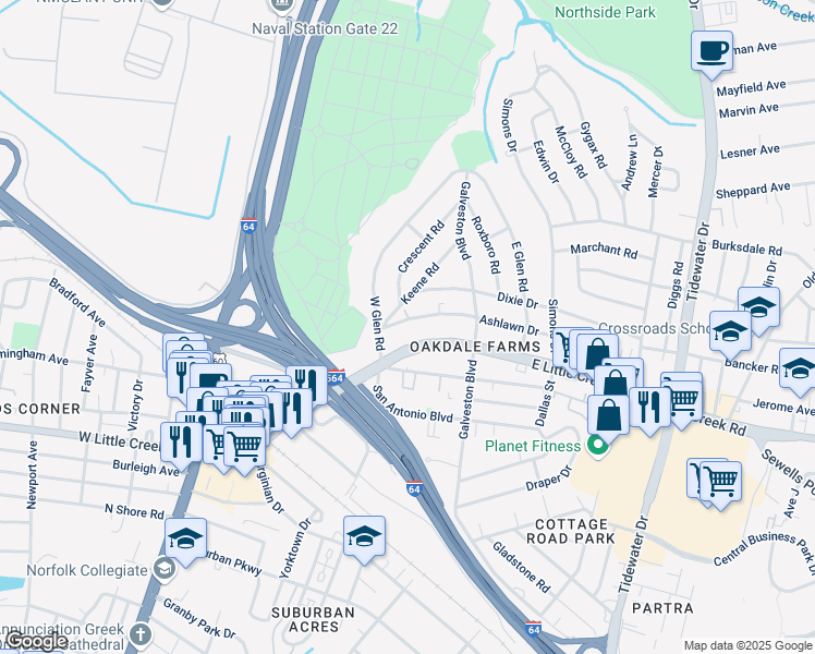 map of restaurants, bars, coffee shops, grocery stores, and more near 309 Ashlawn Drive in Norfolk