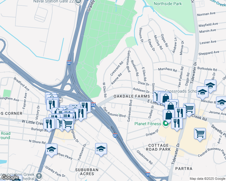 map of restaurants, bars, coffee shops, grocery stores, and more near 309 Ashlawn Drive in Norfolk