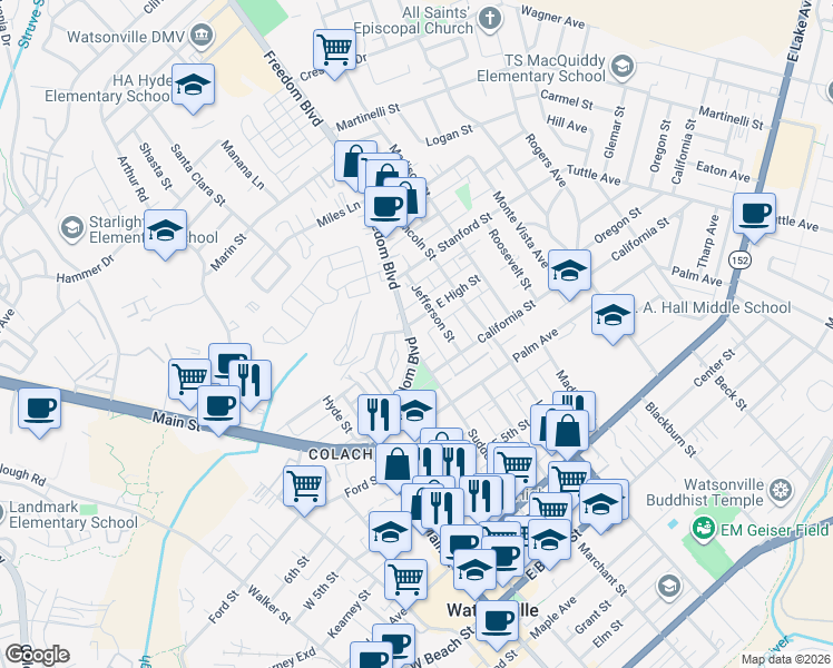 map of restaurants, bars, coffee shops, grocery stores, and more near 846 Freedom Boulevard in Watsonville