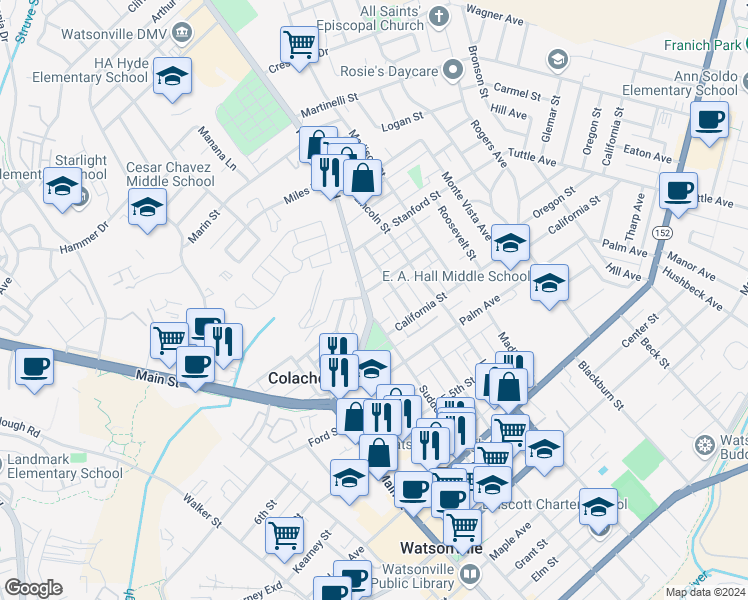 map of restaurants, bars, coffee shops, grocery stores, and more near 314 Sudden Street in Watsonville