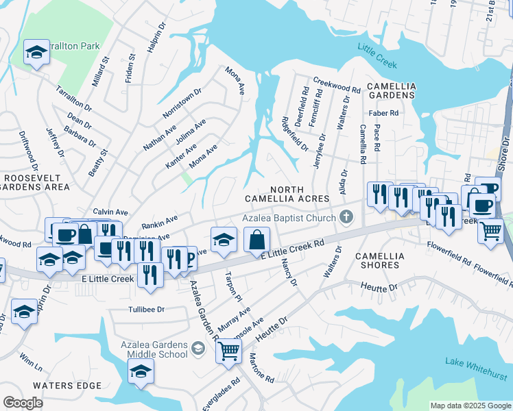 map of restaurants, bars, coffee shops, grocery stores, and more near 2800 Dominion Avenue in Norfolk