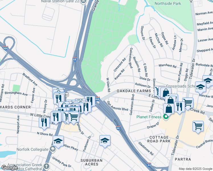 map of restaurants, bars, coffee shops, grocery stores, and more near 7913 West Glen Road in Norfolk