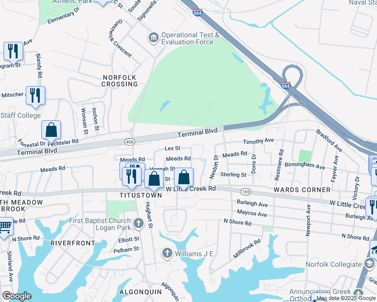 map of restaurants, bars, coffee shops, grocery stores, and more near 801 Lex Street in Norfolk