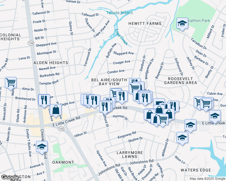 map of restaurants, bars, coffee shops, grocery stores, and more near 8008 Bison Avenue in Norfolk