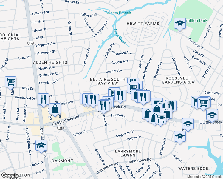 map of restaurants, bars, coffee shops, grocery stores, and more near 8008 Bison Avenue in Norfolk