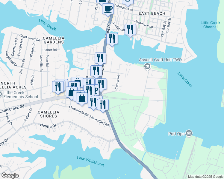 map of restaurants, bars, coffee shops, grocery stores, and more near 7921 Turner Road in Norfolk