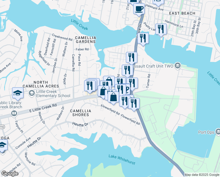 map of restaurants, bars, coffee shops, grocery stores, and more near 7940 Thompson Road in Norfolk