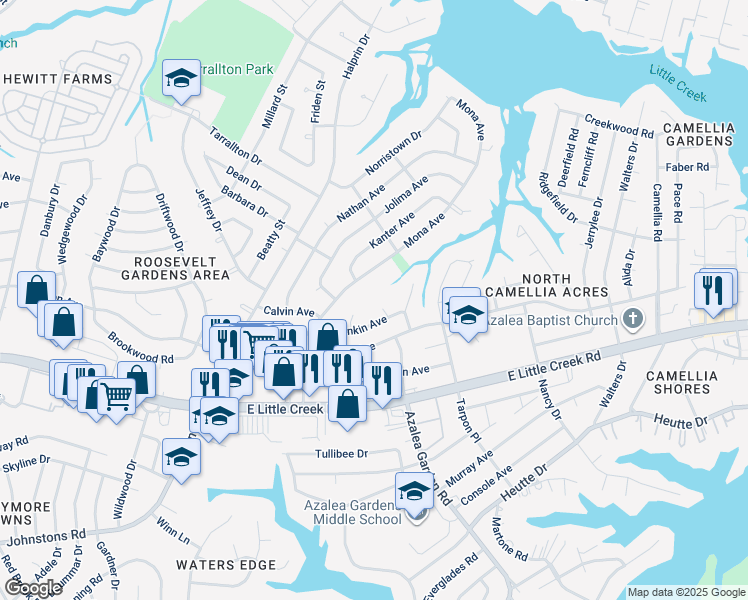 map of restaurants, bars, coffee shops, grocery stores, and more near 8204 Mona Avenue in Norfolk