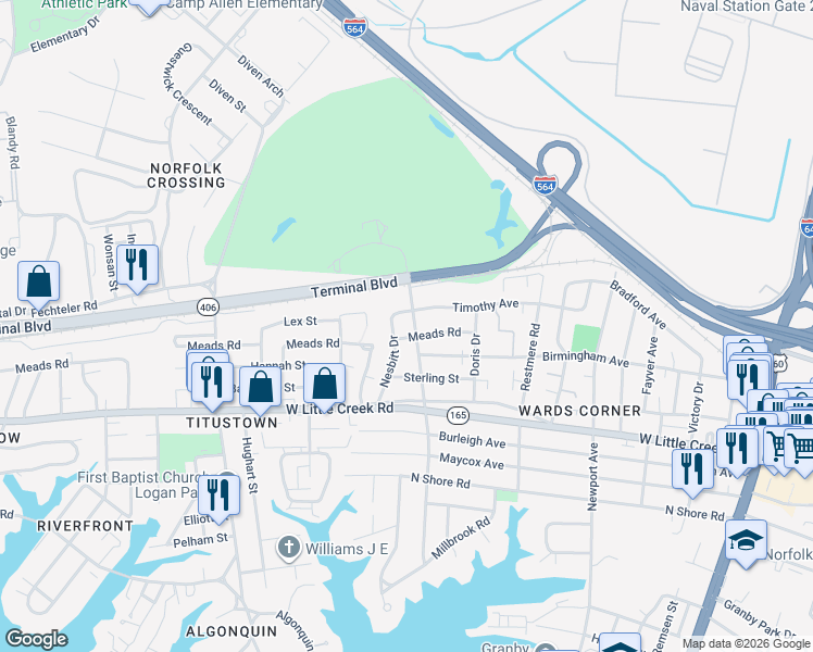 map of restaurants, bars, coffee shops, grocery stores, and more near 604 Timothy Avenue in Norfolk
