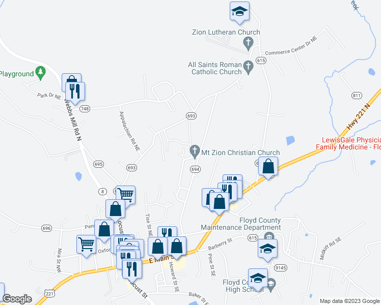 map of restaurants, bars, coffee shops, grocery stores, and more near 101-161 Grants Lane Northeast in Floyd