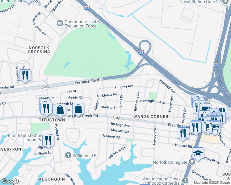 map of restaurants, bars, coffee shops, grocery stores, and more near 526 Meads Road in Norfolk