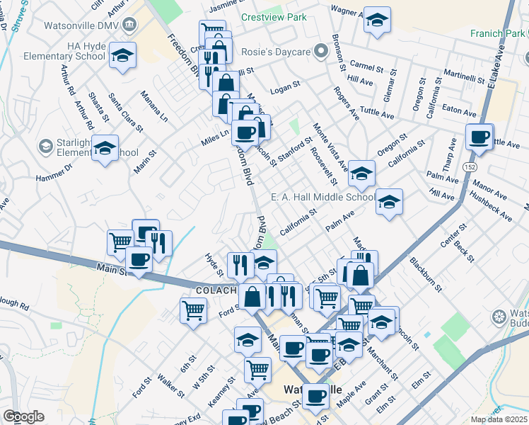 map of restaurants, bars, coffee shops, grocery stores, and more near 850 Freedom Boulevard in Watsonville