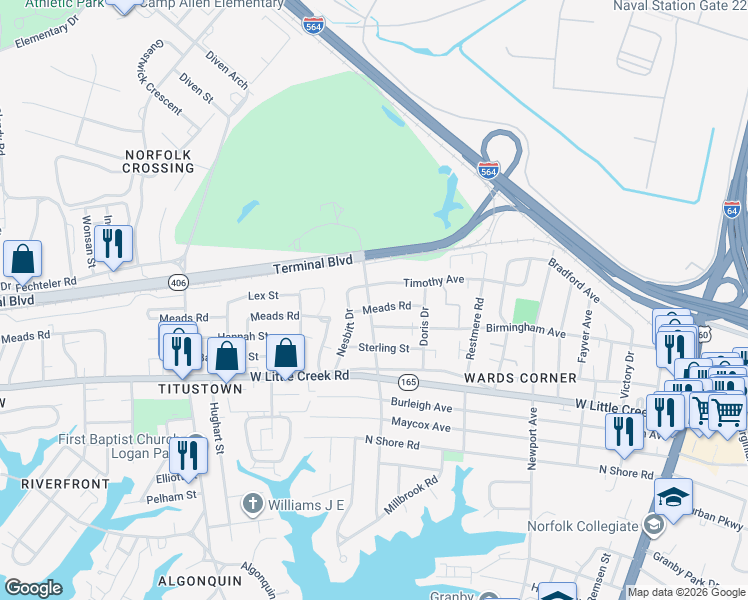 map of restaurants, bars, coffee shops, grocery stores, and more near 548 Timothy Avenue in Norfolk