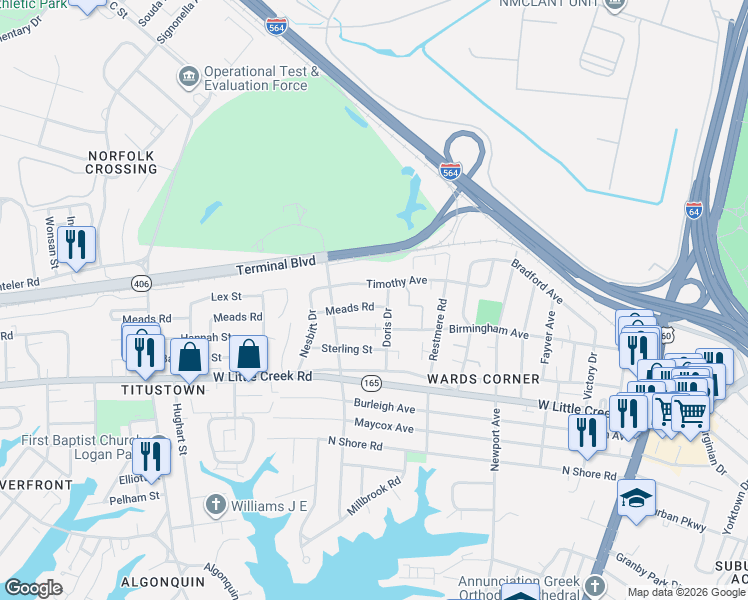 map of restaurants, bars, coffee shops, grocery stores, and more near 534 Timothy Avenue in Norfolk