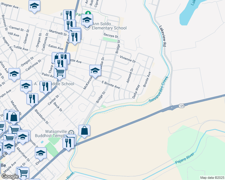 map of restaurants, bars, coffee shops, grocery stores, and more near 643 Peartree Drive in Watsonville