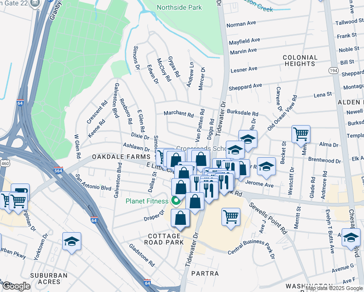 map of restaurants, bars, coffee shops, grocery stores, and more near 540 Dixie Drive in Norfolk