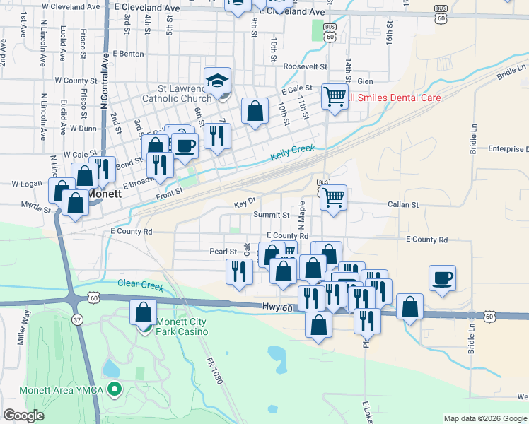 map of restaurants, bars, coffee shops, grocery stores, and more near 201 North Elm in Monett