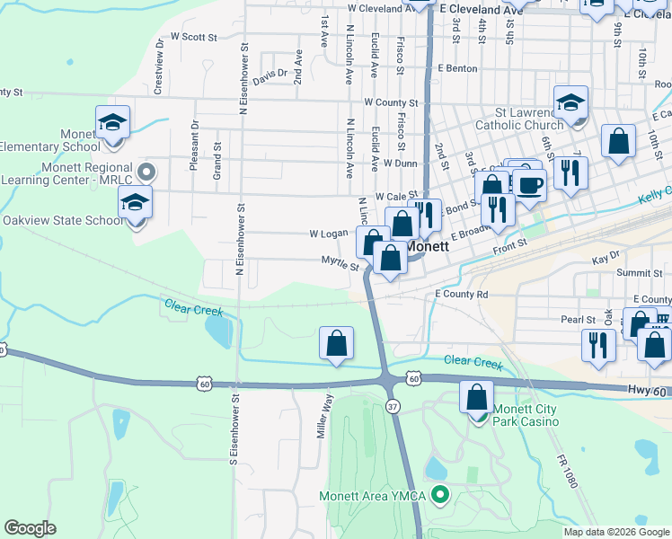 map of restaurants, bars, coffee shops, grocery stores, and more near 316-326 Myrtle St in Monett