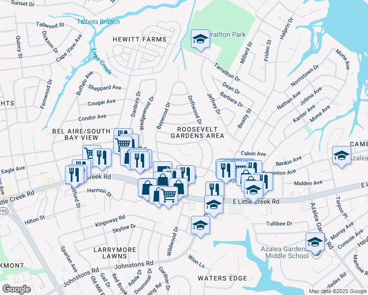 map of restaurants, bars, coffee shops, grocery stores, and more near 1851 Arrowwood Street in Norfolk