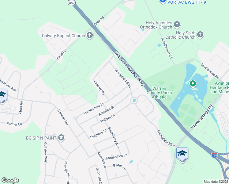 map of restaurants, bars, coffee shops, grocery stores, and more near 1131 Wintercress Ln in Bowling Green
