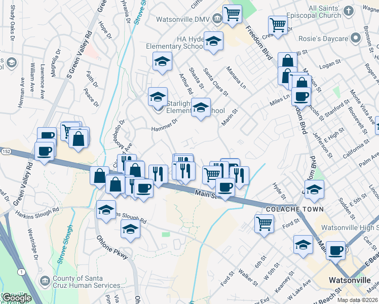 map of restaurants, bars, coffee shops, grocery stores, and more near 490 Auto Center Drive in Watsonville