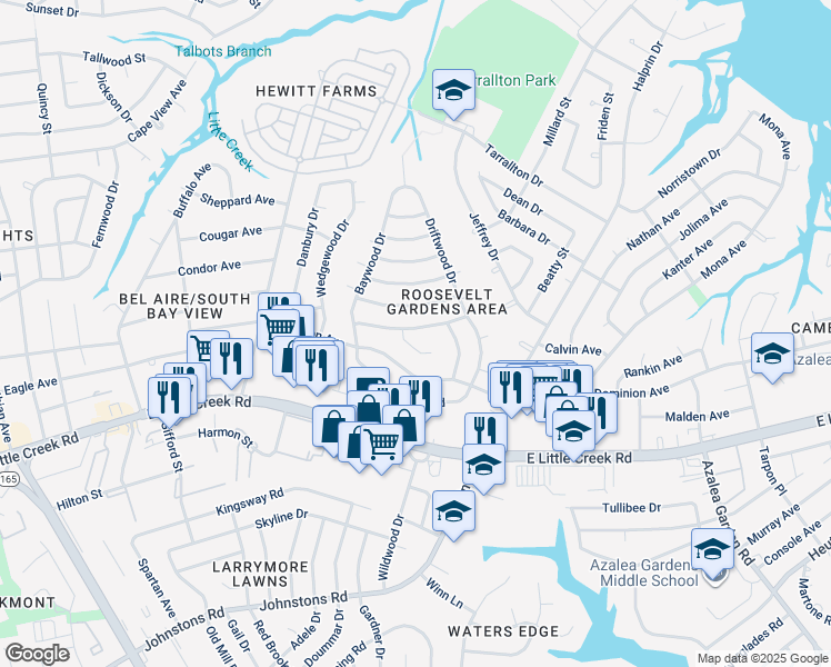 map of restaurants, bars, coffee shops, grocery stores, and more near 1851 Arrowwood Street in Norfolk