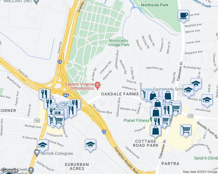 map of restaurants, bars, coffee shops, grocery stores, and more near 319 Ashlawn Drive in Norfolk